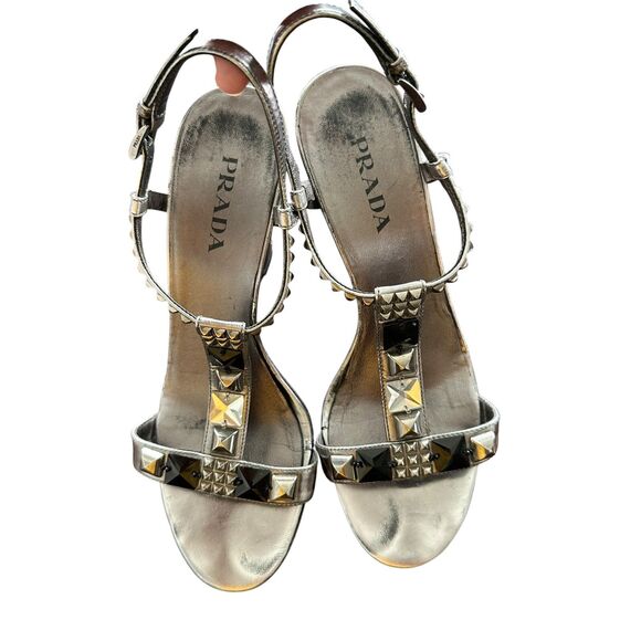 Prada 38 Patent Leather T-Strap Silver Studded crystals Accents Block Sandals - Picture 15 of 15